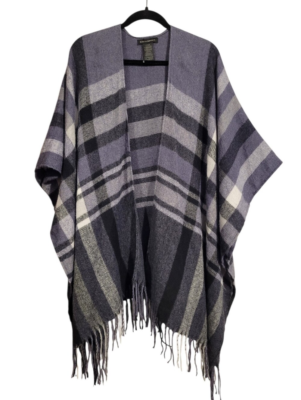Banana Republic Cashmere Wool Blend Open Poncho Shawl Fringe OS Gray Black White